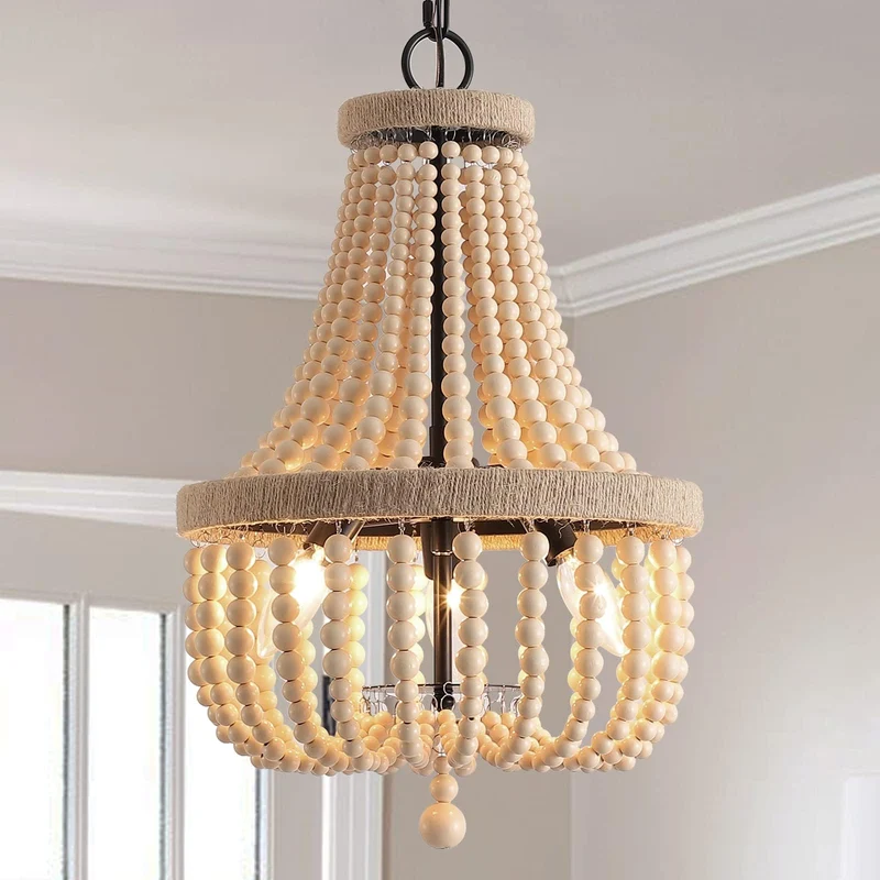 HMASNSEIY Lustre en Perles de Bois, luminaire Suspendu à 8 lumières, Style bohème, E14, plafonnier Semi-encastré, Lustre rétro Vintage Rustique en Perles pour Chambre d'enfant, Hall d'entrée, Couloir