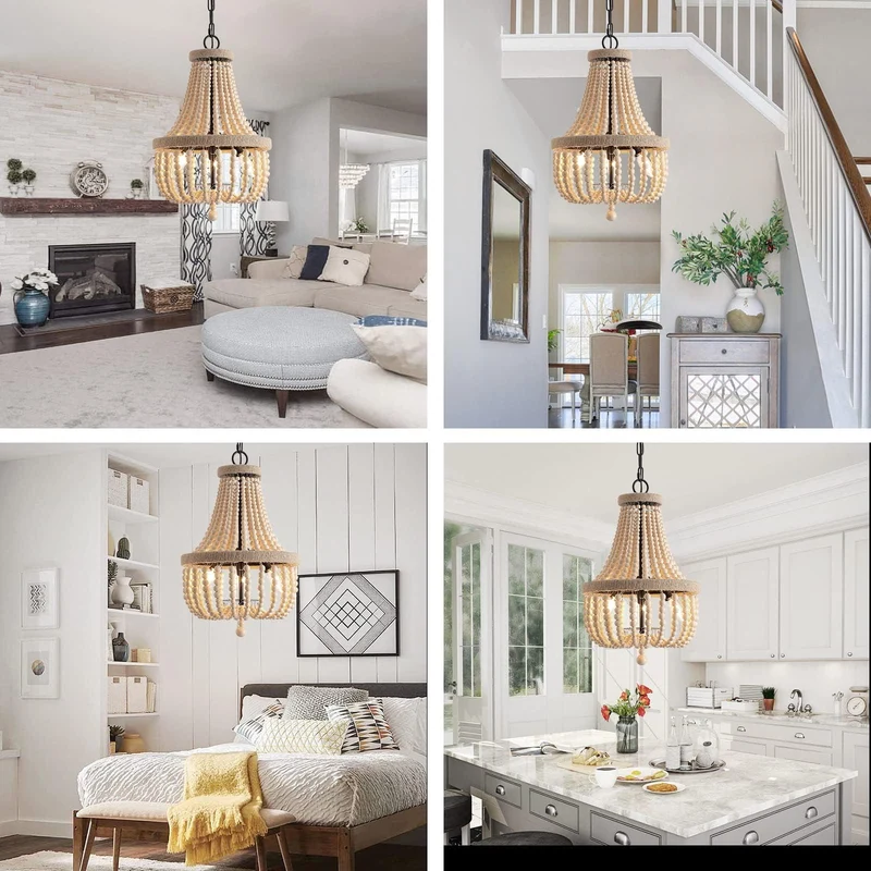 HMASNSEIY Lustre en Perles de Bois, luminaire Suspendu à 8 lumières, Style bohème, E14, plafonnier Semi-encastré, Lustre rétro Vintage Rustique en Perles pour Chambre d'enfant, Hall d'entrée, Couloir