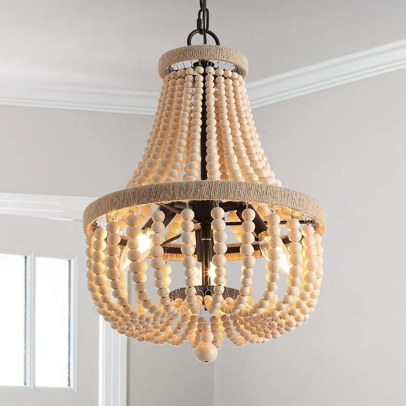 HMASNSEIY Lustre en Perles de Bois, luminaire Suspendu à 8 lumières, Style bohème, E14, plafonnier Semi-encastré, Lustre rétro Vintage Rustique en Perles pour Chambre d'enfant, Hall d'entrée, Couloir