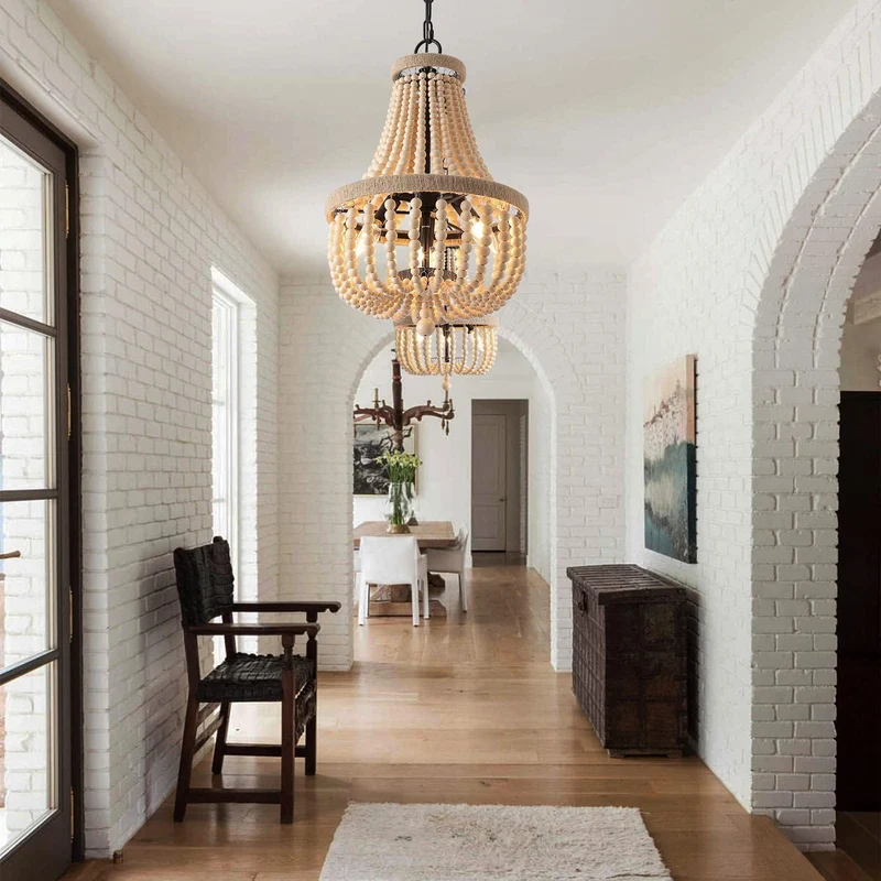 HMASNSEIY Lustre en Perles de Bois, luminaire Suspendu à 8 lumières, Style bohème, E14, plafonnier Semi-encastré, Lustre rétro Vintage Rustique en Perles pour Chambre d'enfant, Hall d'entrée, Couloir
