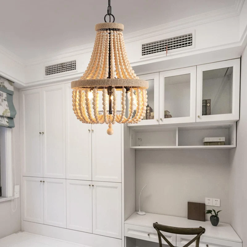 HMASNSEIY Lustre en Perles de Bois, luminaire Suspendu à 8 lumières, Style bohème, E14, plafonnier Semi-encastré, Lustre rétro Vintage Rustique en Perles pour Chambre d'enfant, Hall d'entrée, Couloir