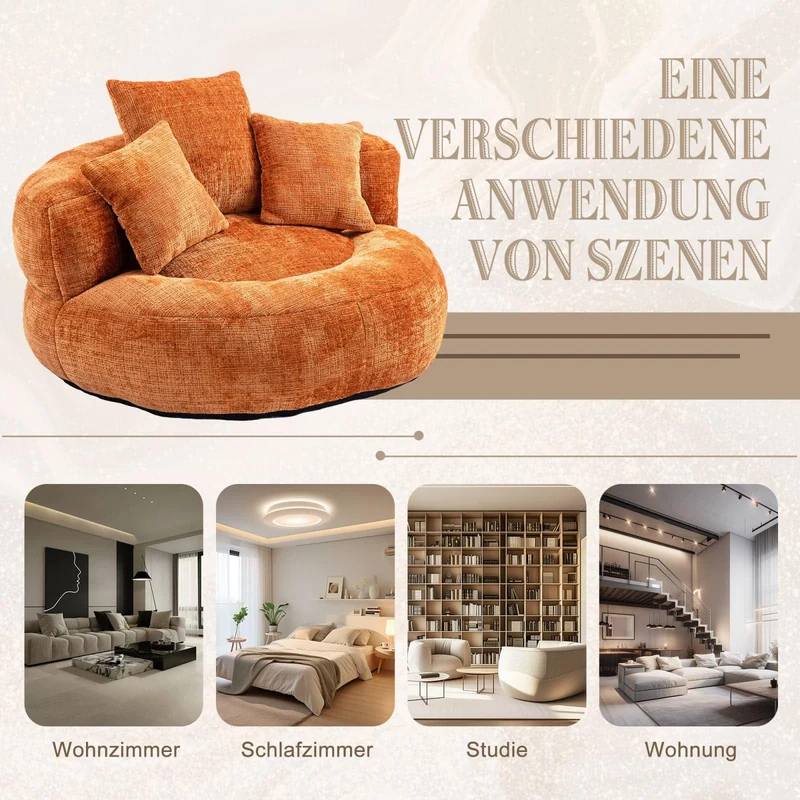 KOMHTOM Gros Pouf Canapé, Pouf Fauteuil Canapé pour Les Paresseux, avec 3 Coussins, sans Installation, Idéal pour Chambre, Salon ou cinéma Maison (Orange-Chenille)