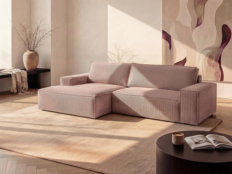 Vente-unique - Canapé d'angle Gauche Convertible en Velours côtelé Rose poudré Amelia