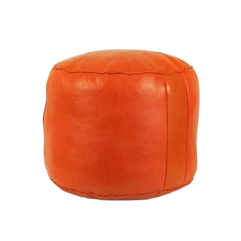 Horus Artesanía de Egipto Pouf Fait Main à Fès et à Marrakech. Repose-Pieds en Cuir véritable. Vide et no rempli. 40 cm de diamètre et 35 cm de Hauteur (Orange)