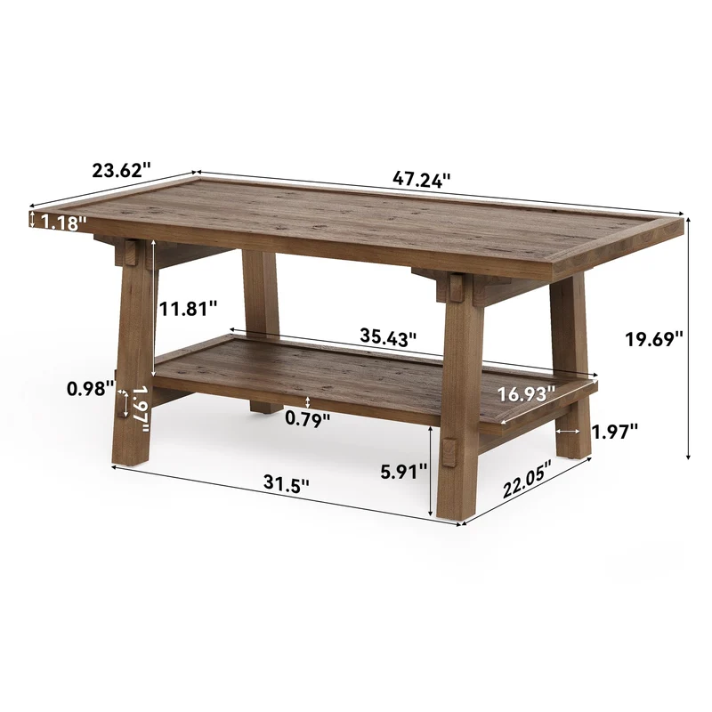 TRIBEWOOD Table Basse 120 cm pour Salon, Table Cocktail Centrale de Style Ferme avec Pieds en Bois Solides, Montage Facile
