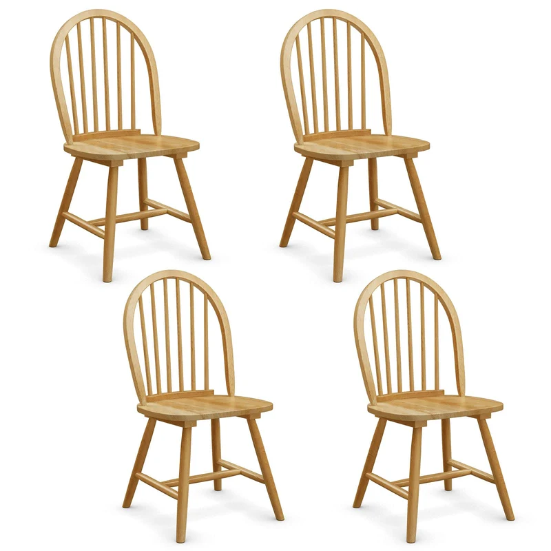 Lot de 4 chaises de salle à manger Windsor en bois d'hévéa massif avec dossier de broche, chaises de style campagnard pour cuisine, restaurant et bistrot, finition bois naturel