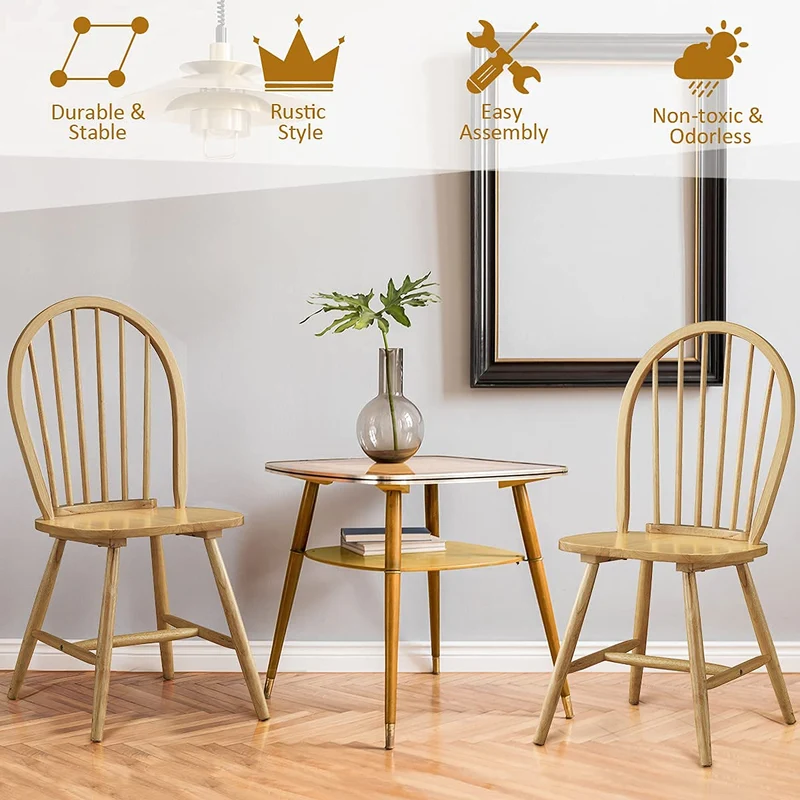 Lot de 4 chaises de salle à manger Windsor en bois d'hévéa massif avec dossier de broche, chaises de style campagnard pour cuisine, restaurant et bistrot, finition bois naturel
