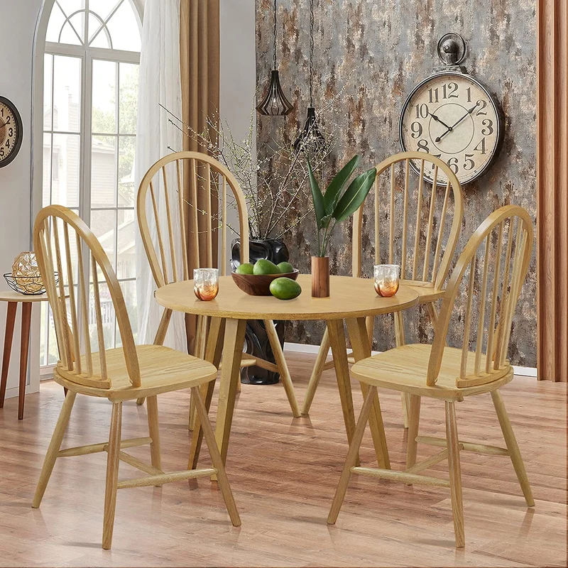 Lot de 4 chaises de salle à manger Windsor en bois d'hévéa massif avec dossier de broche, chaises de style campagnard pour cuisine, restaurant et bistrot, finition bois naturel