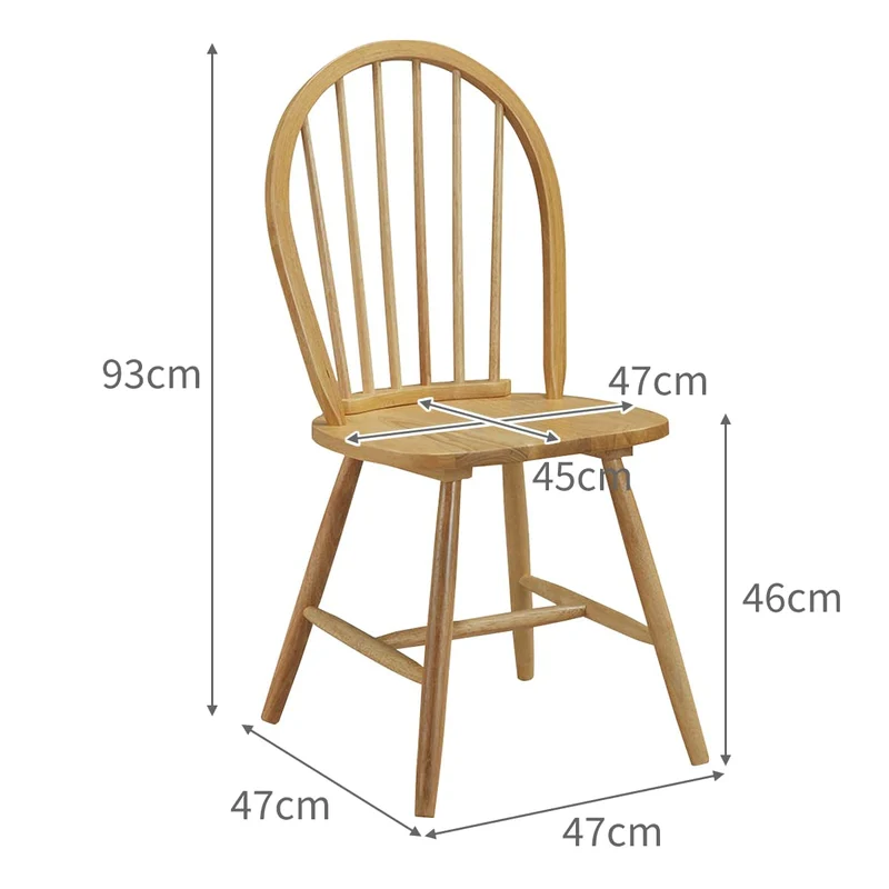 Lot de 4 chaises de salle à manger Windsor en bois d'hévéa massif avec dossier de broche, chaises de style campagnard pour cuisine, restaurant et bistrot, finition bois naturel
