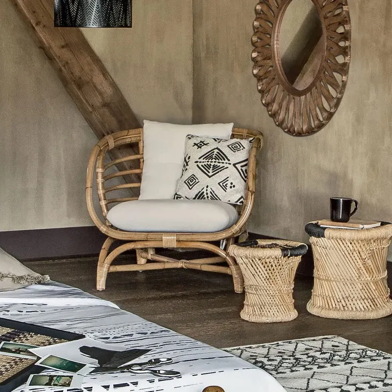 Generico Fauteuil avec coussin en rotin Farah blanc Mobilier d'intérieur,Mobilier de jardin