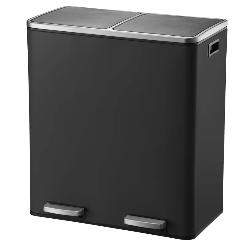 Poubelle de cuisine à pédale tri sélectif grande capacité 60L (2x30L) MAJOR en acier Inox Noir mat