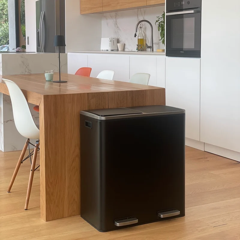 Poubelle de cuisine à pédale tri sélectif grande capacité 60L (2x30L) MAJOR en acier Inox Noir mat