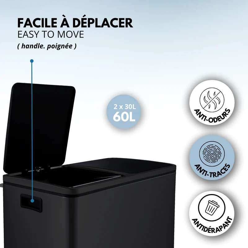 Poubelle de cuisine à pédale tri sélectif grande capacité 60L (2x30L) MAJOR en acier Inox Noir mat