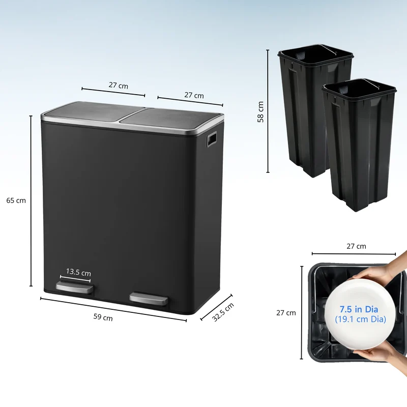Poubelle de cuisine à pédale tri sélectif grande capacité 60L (2x30L) MAJOR en acier Inox Noir mat