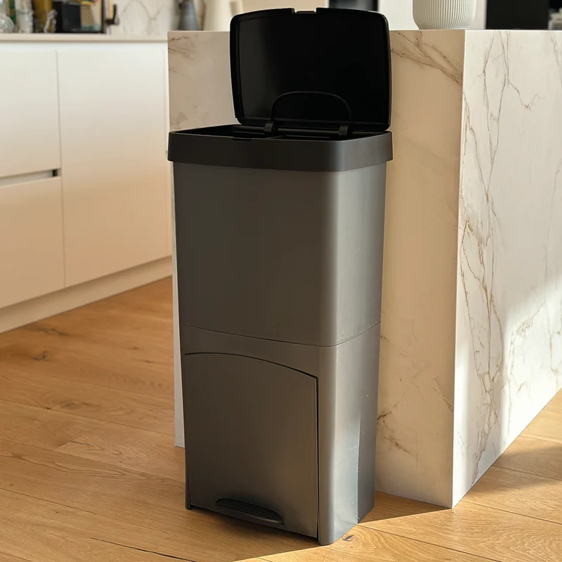 Poubelle de cuisine tri sélectif verticale 70 litres PICEA Gris double compartiment