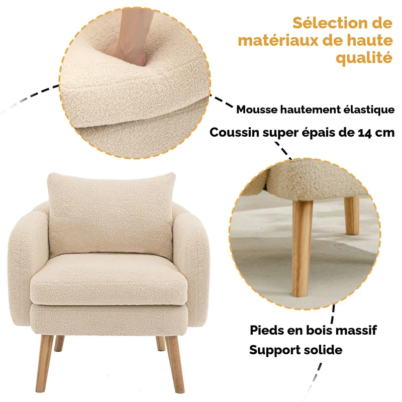 KOMHTOM Fauteuil de salon beige avec rembourrage en tissu peluche pour salon, chambre à coucher, balcon (beige)