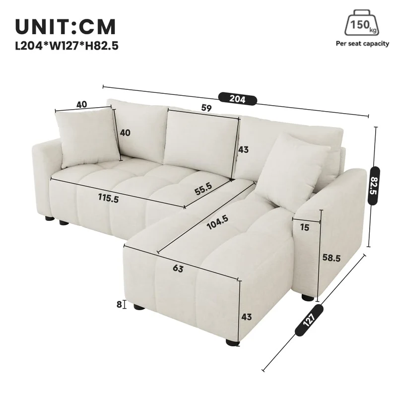 Sapgaks Canapé d'angle,Canapé 3 Places,anapé d'angle Convertible en L, Tissu Chenille,avec 2 Coussins décoratifs,adapté au Salon et à l'appartement (Beige)