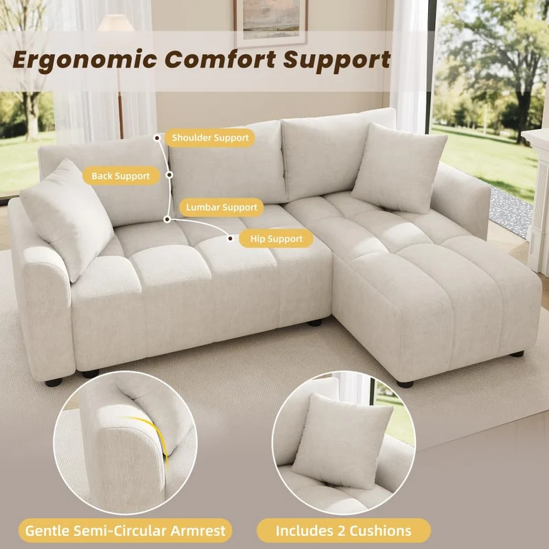 Sapgaks Canapé d'angle,Canapé 3 Places,anapé d'angle Convertible en L, Tissu Chenille,avec 2 Coussins décoratifs,adapté au Salon et à l'appartement (Beige)