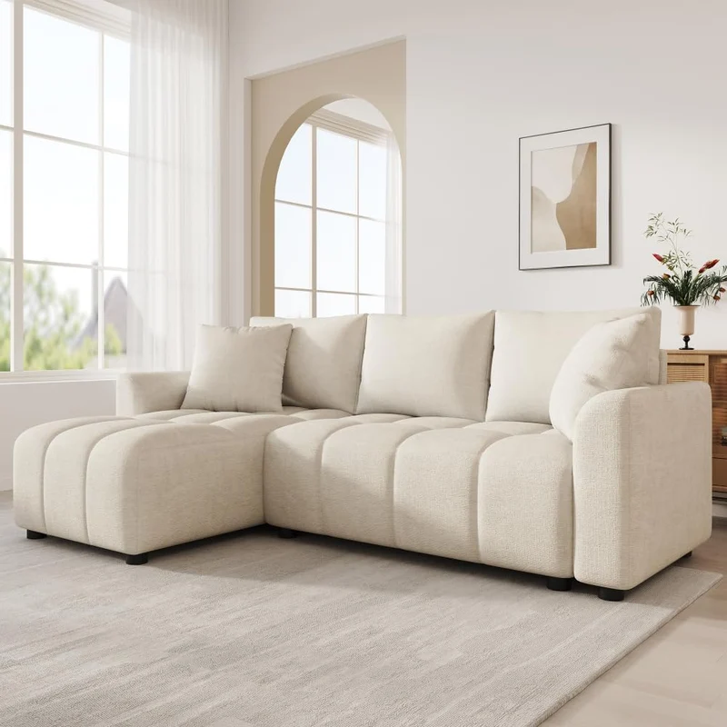 Sapgaks Canapé d'angle,Canapé 3 Places,anapé d'angle Convertible en L, Tissu Chenille,avec 2 Coussins décoratifs,adapté au Salon et à l'appartement (Beige)