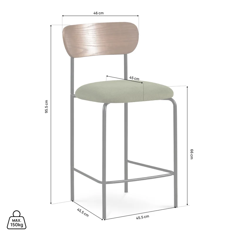 Sicaan Lot de 2 tabourets de Bar 66 cm placage frêne Velours côtelé Kaki - 95,5x46x52,5 cm - Collection Olivia - Pieds métal Noir - Style scandinave - Kit