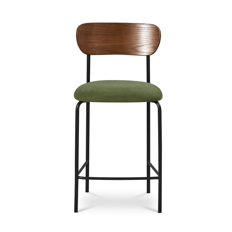 Sicaan Lot de 2 tabourets de Bar 66 cm placage frêne Velours côtelé Kaki - 95,5x46x52,5 cm - Collection Olivia - Pieds métal Noir - Style scandinave - Kit