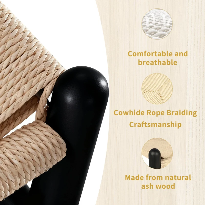 VODUR Wishbone Chaise de salle à manger en bois massif naturel/chaise Hans Wegner Y en rotin et bois – Lot de 1 chaise en bois de frêne – Noir + couleur naturelle