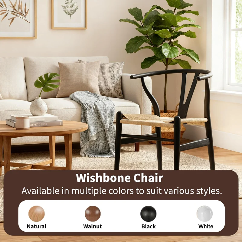 VODUR Wishbone Chaise de salle à manger en bois massif naturel/chaise Hans Wegner Y en rotin et bois – Lot de 1 chaise en bois de frêne – Noir + couleur naturelle