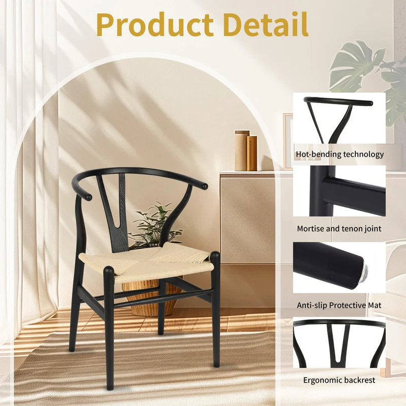 VODUR Wishbone Chaise de salle à manger en bois massif naturel/chaise Hans Wegner Y en rotin et bois – Lot de 1 chaise en bois de frêne – Noir + couleur naturelle