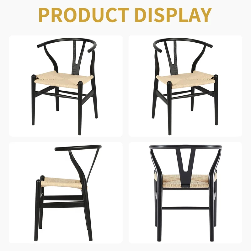 VODUR Wishbone Chaise de salle à manger en bois massif naturel/chaise Hans Wegner Y en rotin et bois – Lot de 1 chaise en bois de frêne – Noir + couleur naturelle