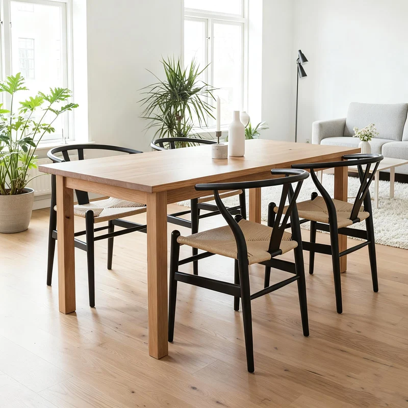 VODUR Wishbone Chaise de salle à manger en bois massif naturel/chaise Hans Wegner Y en rotin et bois – Lot de 1 chaise en bois de frêne – Noir + couleur naturelle