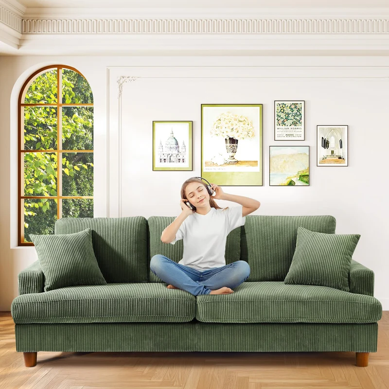 Kidirect Canapé Confortable en Velours côtelé de 221CM, 53 cm Siège Extra Profond, Montage sans Outils, Grand canapé 3 Places avec 2 Coussins, Canapé Moderne pour Chambre à Coucher, Vert forêt