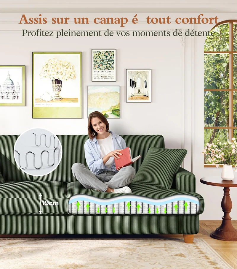 Kidirect Canapé Confortable en Velours côtelé de 221CM, 53 cm Siège Extra Profond, Montage sans Outils, Grand canapé 3 Places avec 2 Coussins, Canapé Moderne pour Chambre à Coucher, Vert forêt