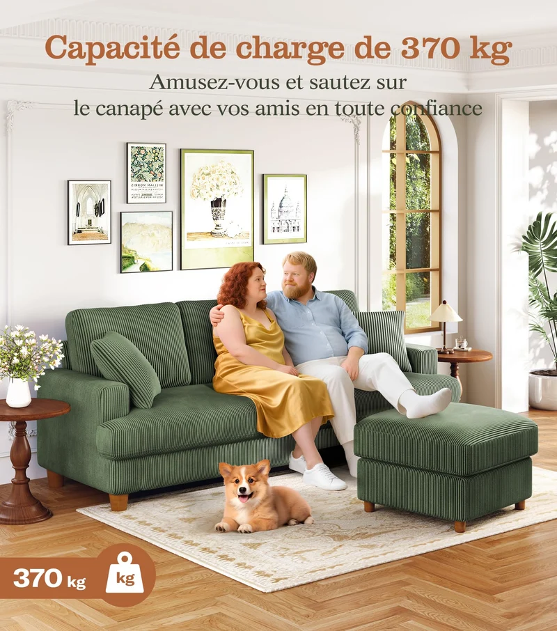 Kidirect Canapé Confortable en Velours côtelé de 221CM, 53 cm Siège Extra Profond, Montage sans Outils, Grand canapé 3 Places avec 2 Coussins, Canapé Moderne pour Chambre à Coucher, Vert forêt
