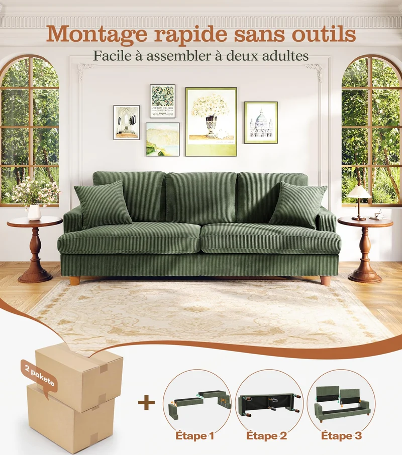 Kidirect Canapé Confortable en Velours côtelé de 221CM, 53 cm Siège Extra Profond, Montage sans Outils, Grand canapé 3 Places avec 2 Coussins, Canapé Moderne pour Chambre à Coucher, Vert forêt