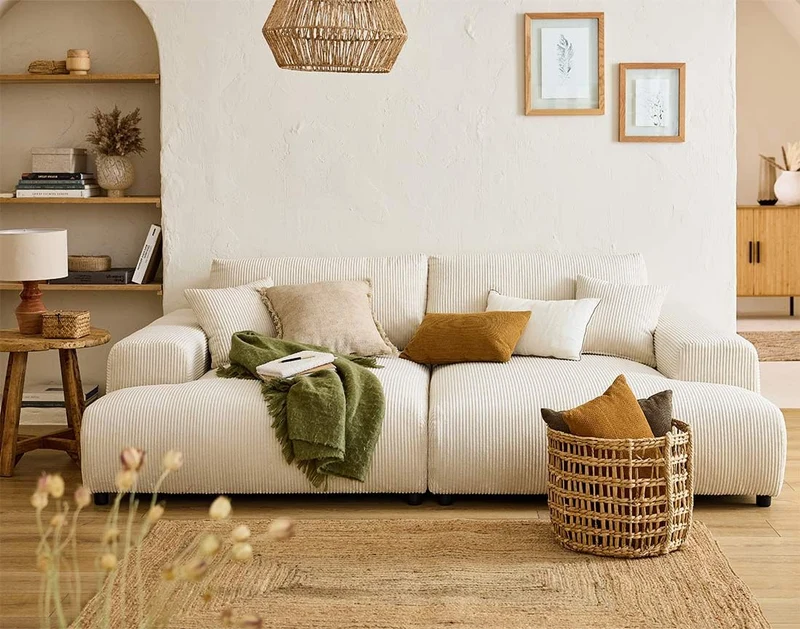 Lisa Design - Canapé Double Méridienne Garance en Velours Côtelé - Sofa Beige 3 Places - Salon
