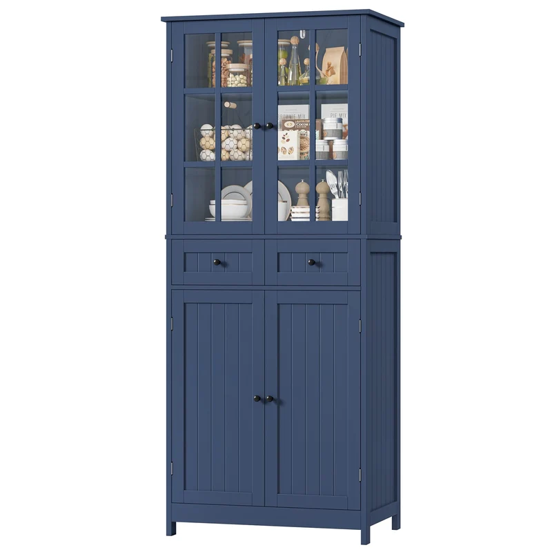 HOCSOK Buffet Cuisine, 180 cm Haut Vaisselier avec 2 Portes Vitrées, Armoire de Cuisine avec 4 Portes et 2 Tiroirs, Vitrine pour Salle à Manger, Bureau, Salon, Moderne, Bleu
