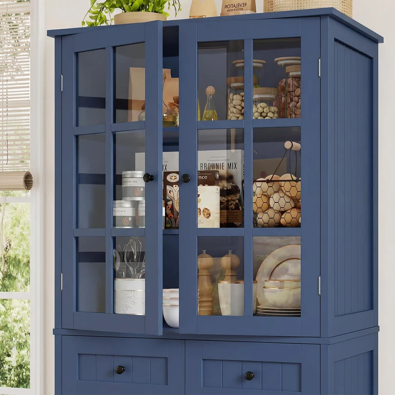 HOCSOK Buffet Cuisine, 180 cm Haut Vaisselier avec 2 Portes Vitrées, Armoire de Cuisine avec 4 Portes et 2 Tiroirs, Vitrine pour Salle à Manger, Bureau, Salon, Moderne, Bleu