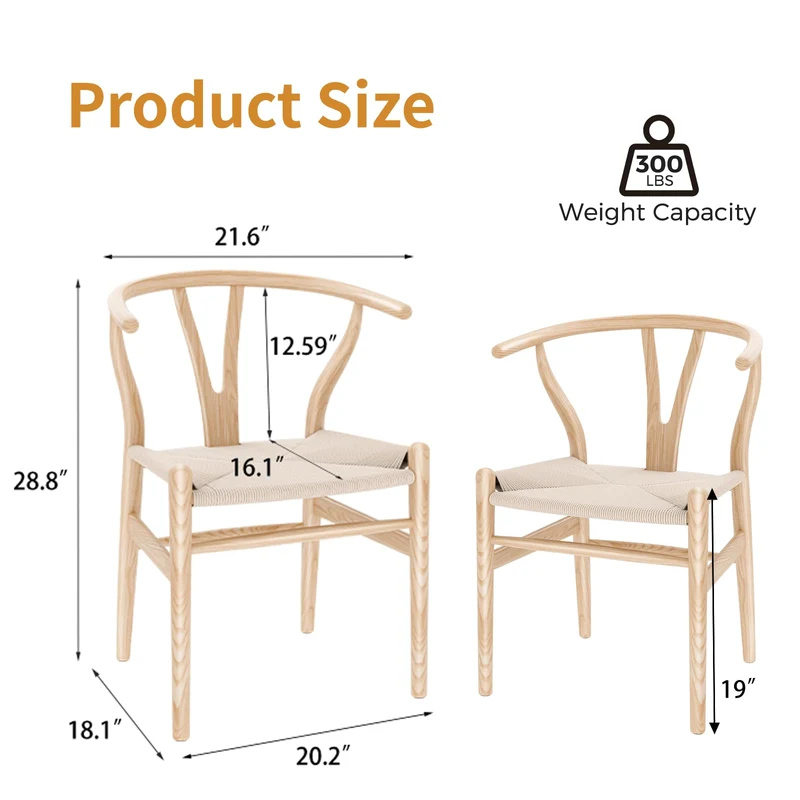 VODUR Wishbone Chaise de salle à manger en bois massif naturel Hans Wegner Y Chaise en rotin et en bois d'accoudoirs - Lot de 2 chaises en bois de hêtre (bois de hêtre + couleur bois naturel)