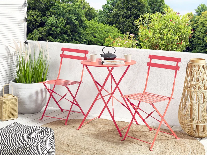 Beliani Salon de Jardin Bistrot Table et 2 Chaises en Acier Rouge Pliable avec Patins Fiori