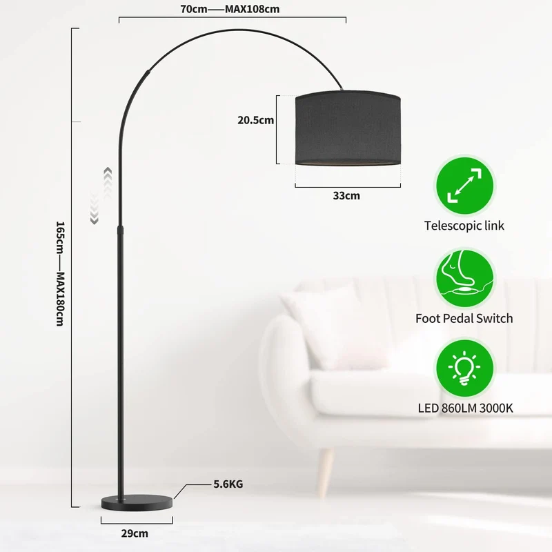 Modlicht Lampadaire Arc JASMIN | Lampe Sur Pied Classique | Ampoule LED E27 9W 3000K incluse | 33cm Abat-jour Noir | Interrupteur au pied | Lampe Arc adaptée pour Chambre, Bureau, Hôtel