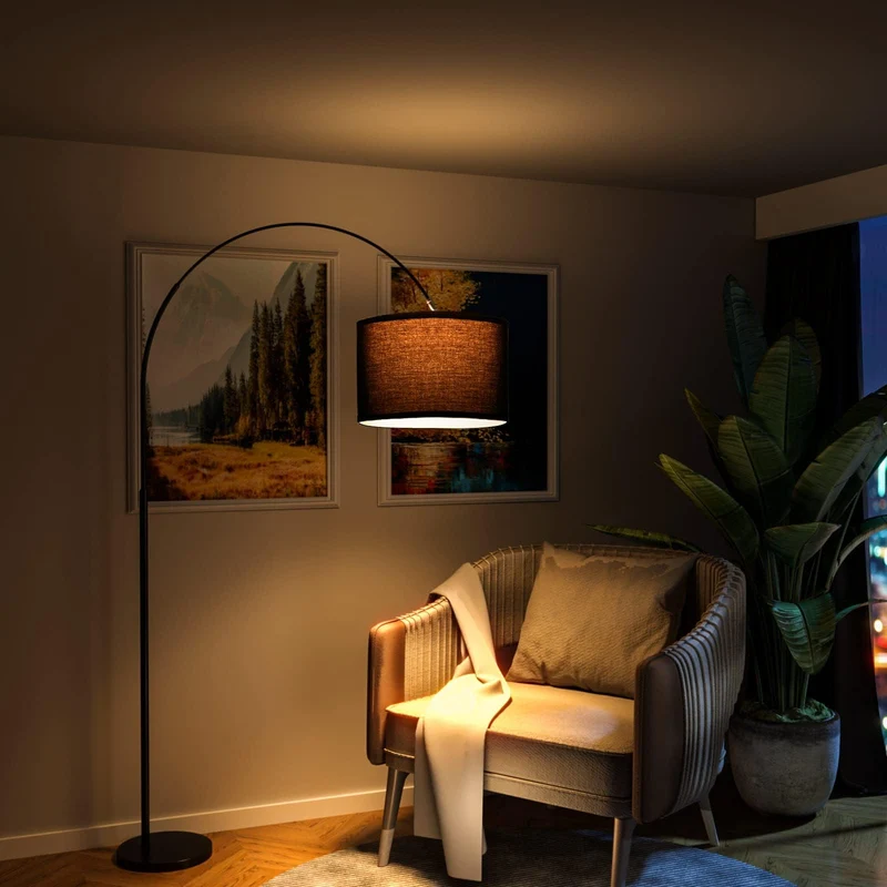 Modlicht Lampadaire Arc JASMIN | Lampe Sur Pied Classique | Ampoule LED E27 9W 3000K incluse | 33cm Abat-jour Noir | Interrupteur au pied | Lampe Arc adaptée pour Chambre, Bureau, Hôtel
