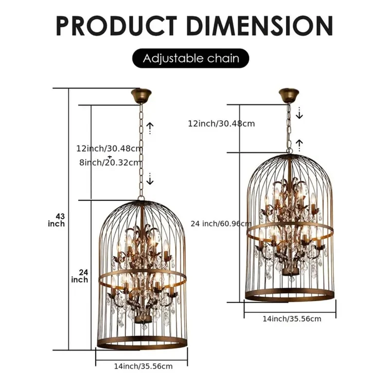 Kikioo Lustre Cage À Oiseaux Marron 14 Pouces 4 Lumière Industriel Vintage Bar Cage Oiseau Suspension, Lustre en Cristal LED Luxueux pour Escalier Salons Chambres Greniers Villas Salles de Mariage