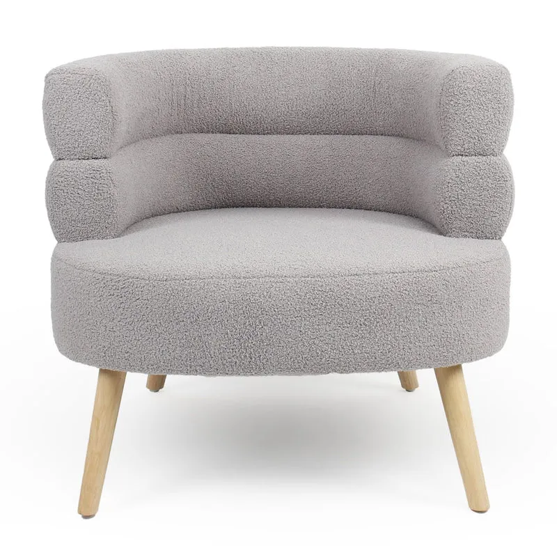 Menzzo Fauteuil Design scandinave RIVIANI – Tissu Bouclette Gris – Assise Arrondie Confortable – Pieds Bois Naturel – Fauteuil Lounge Moderne – L80 x P75 x H74 cm