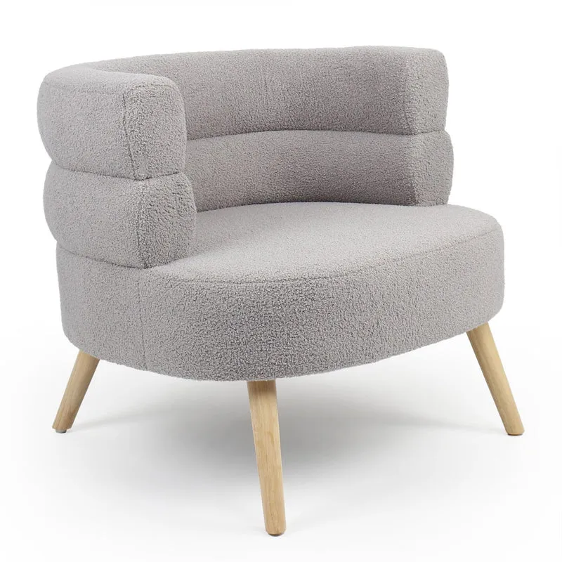 Menzzo Fauteuil Design scandinave RIVIANI – Tissu Bouclette Gris – Assise Arrondie Confortable – Pieds Bois Naturel – Fauteuil Lounge Moderne – L80 x P75 x H74 cm