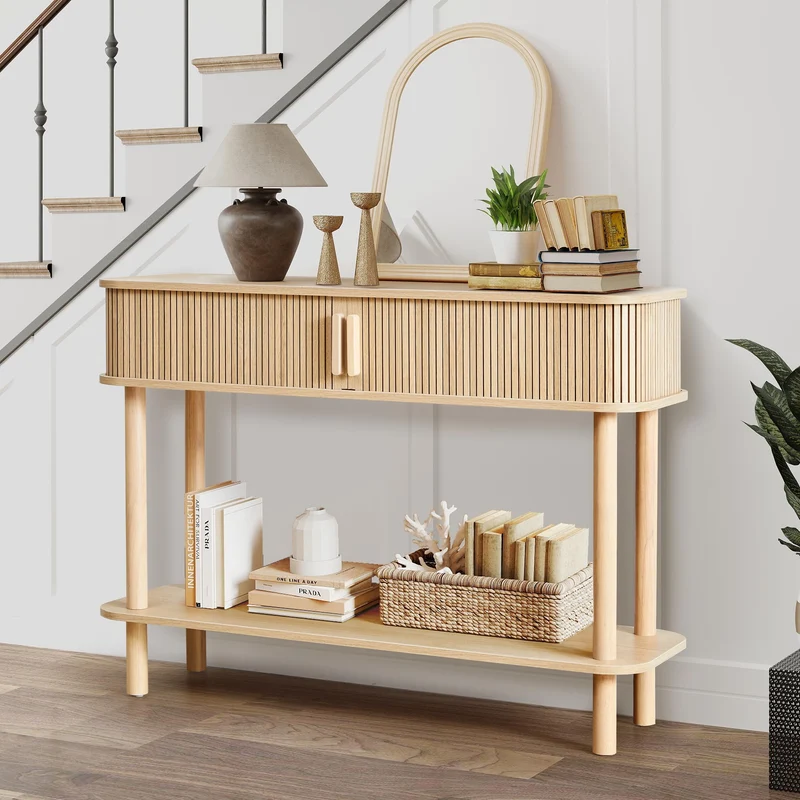 RARZOE Table console cannelée, entièrement assemblée, avec porte coulissante et étagère de rangement, 2 niveaux derrière le canapé, table d'appoint pour salon, entrée, foyer, naturel