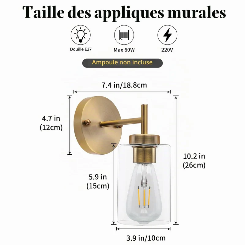 QAREHL Applique murale intérieure, applique miroir de salle de bain E27 Applique murale intérieure, applique murale industrielle en or pour chambre à coucher, couloir, salon, escalier