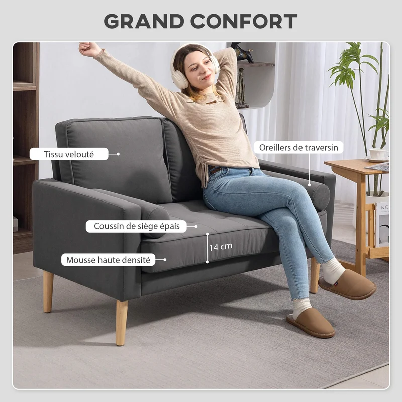 HOMCOM Canapé 2 Places Moderne Velours 127 cm, Assise Capitonnée, Gris