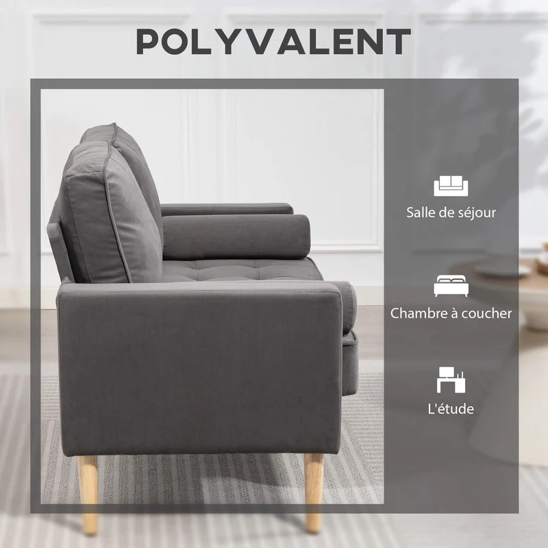 HOMCOM Canapé 2 Places Moderne Velours 127 cm, Assise Capitonnée, Gris