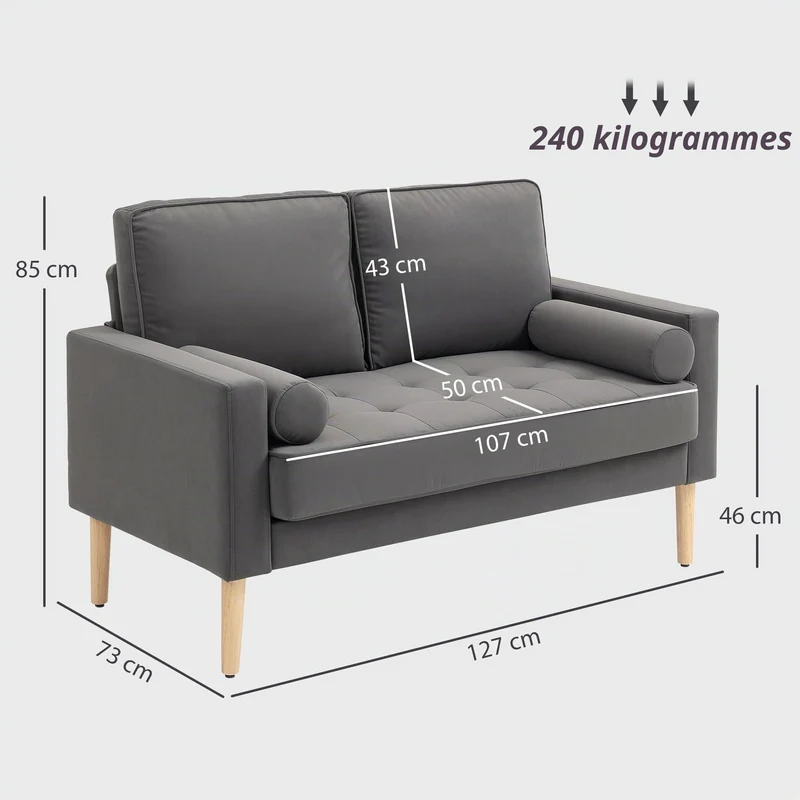 HOMCOM Canapé 2 Places Moderne Velours 127 cm, Assise Capitonnée, Gris