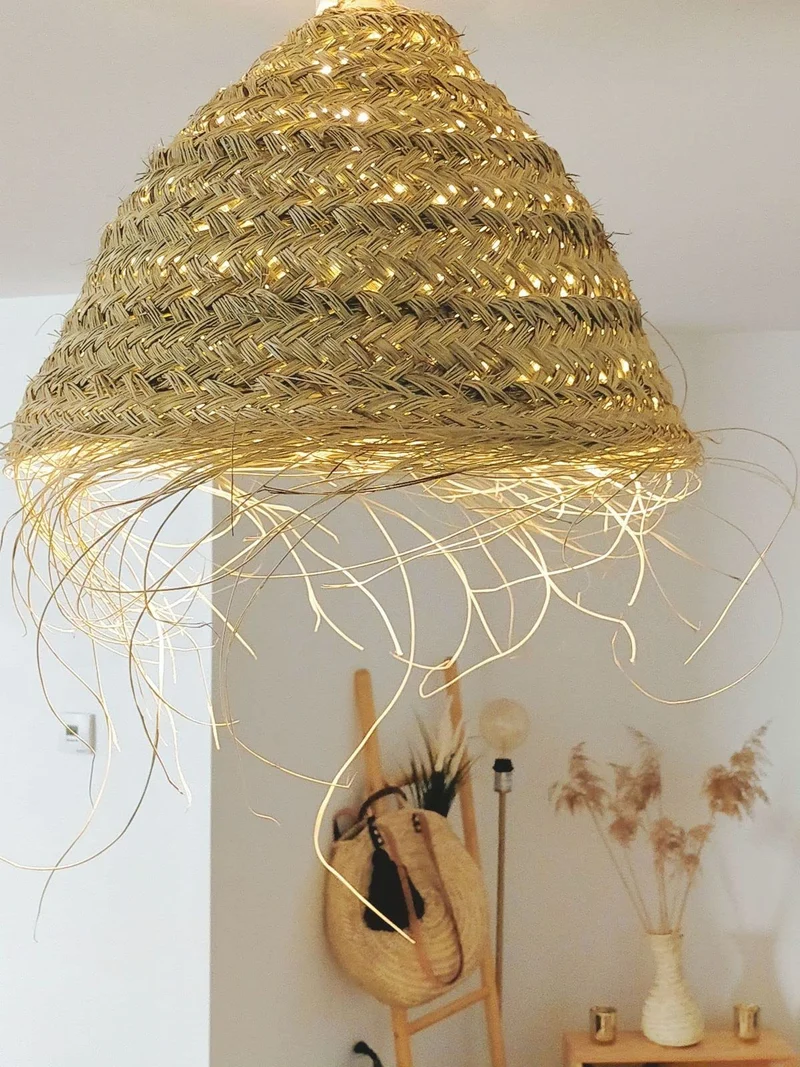 Suspension paille tressée, Suspension luminaire naturelle, Luminaire naturelle extérieur fait main